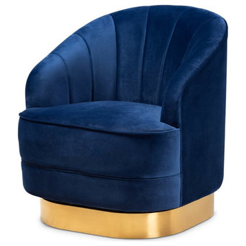 Baxton Studio Fiore Velvet and Brushed Gold Swivel Accent Chair in Royal Blue