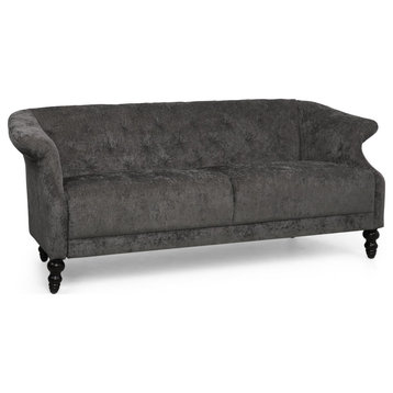 Elegant Sofa, Birch Wood Legs & Soft Diamond Stitched Velvet Seat, Dark Charcoal