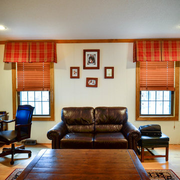 Home Office with plaid boxpleat valances and Hunter Douglas Parkland Wood Blinds
