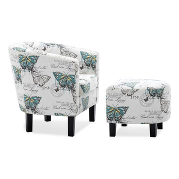 Accent Chair w/ Ottoman Round Arms Curved Back French Print Script, White