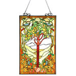 CHLOE Lighting - Olea Tiffany-Glass "Fruits Of Life" Window Panel - OLEA Fruits of Life Tree window panel will add delight and color to any room. Handcrafted with quality materials of real stained glass and gems complement the intricate details of this masterpiece. ?It is framed in metal with a vintage patina tone and adorned with designer anchors.
