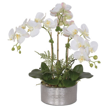 Real Touch White Orchid Flower Arrangement, Round Silver Ceramic Pot