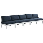 Meridian Furniture - Nizuc Water Resistant Patio Modular Straight Sofa, Navy, 5-Piece: 5 Armless Chair, White Aluminum Frame - Pick and choose your favorites from the Nizuc collection to create a modular seating group the whole gang will enjoy. The sturdy aluminum frame provides dependable support for friends and family as they relax and unwind, and the resilient navy water resistant fabric stands up to the elements without losing its beautiful demeanor, so you can count on it lasting for the long haul. Latches beneath these seating pieces help you easily attach them to one another for convenient setup.