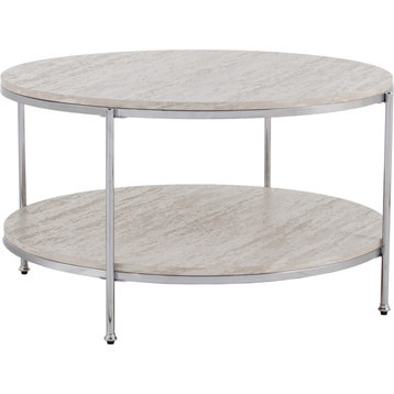 Silas Round Faux Stone Cocktail Table - Chrome with Faux Travertine