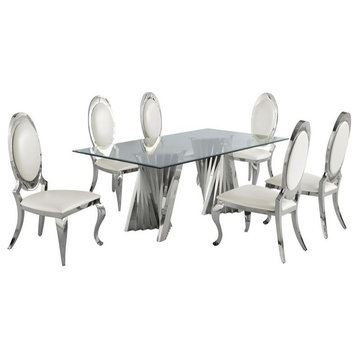 Clear Glass Dining Set with Table and 6 Oval White Faux Leather Chairs