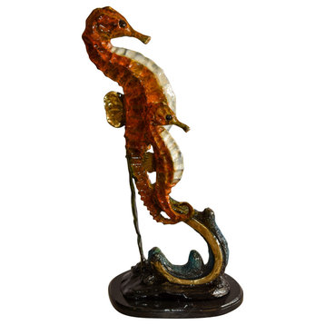 Two Sea Horses Swimming in the Ocean Colored Bronze Statue 13" x 9" x 28"H