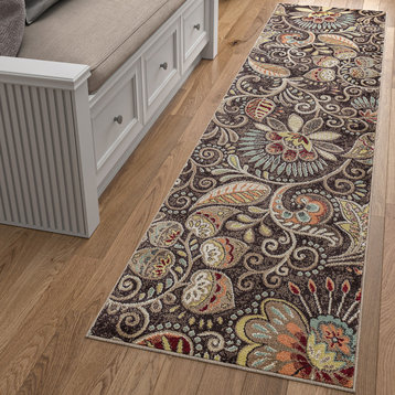 Giselle Transitional Floral Area Rug, Brown, 2'3''x10'