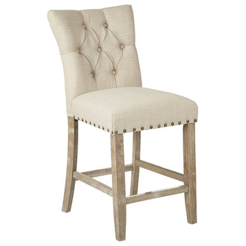 Set of 2 Counter Stool, Marlow Burlap Seat With Nailhead and Button Tufted Back