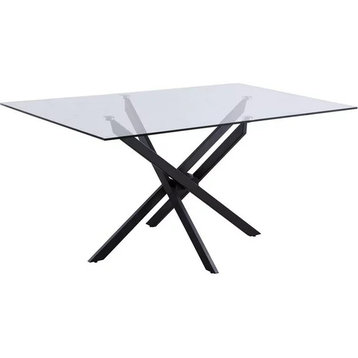 Contemporary Dining Table, Unique Interlocking Base With Glass Top, Matte Black