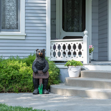 36" Tall Outdoor Standing Black Bear with Welcome Sign Yard Statue Decoration