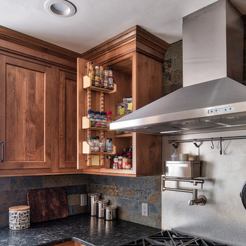 Integrated spice rack in alder cabinetry