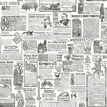 3119-13081 Underwood Black Vintage Newspaper Prepasted Non Woven Blend Wallpaper