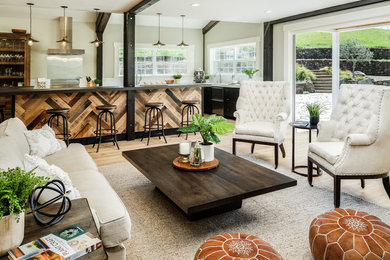 Cottage open concept light wood floor and beige floor living room photo in San Francisco with gray walls