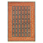 Bareens Designer Rugs - Pak Persian Trang Teal/Orange Wool Rug - 6'3'' x 9'3'' - Designed with mesmerizing intricacy and gorgeous color palette, this hand-knotted masterpiece demonstrates the beauty and electrifying thrill of Pak Persian art. These meticulously hand-knotted Pak-Persian rug is made with pure wool and features breathtaking traditional, transitional, and tribal designs in bold luxurious color pallets. Known for their intricate designs these rugs are a reproduction of Persian rugs, made in Pakistan with unique Mughal designs. Made by master weavers using the same Persian texture, design and dying technique, we wanted to produce the most significant manifestation of Persian art, life, and culture. This rug is most famous for its exceptional quality, incredible designs, patterns, and vibrant rich color. Pak-Persian rugs made with Persian weave with high knot counts, which enables the high intricacy and detail found in the patterns are also referred to as "State of art", each color adds a rich beautiful detail in the artwork of this rug. The design, color, and beautiful chromatic composition with a vibrant sheen with intricate designs, exude beauty, elegance, and quality make this rug a masterpiece of its own.