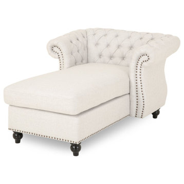 Classic Chaise Lounge, Padded Seat With Tufted Back & Arms, Beige Polyester