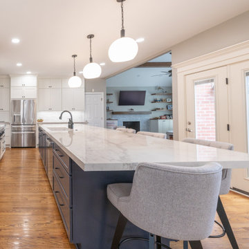 Porcelain Island Kitchen Remodel with Custom Built-Ins + Fireplace Feature