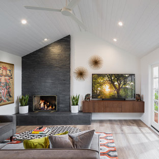 Foto de salón retro con paredes blancas, suelo de madera en tonos medios, chimenea tradicional, marco de chimenea de piedra, televisor independiente y suelo marrón