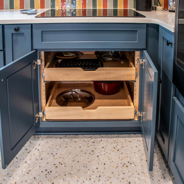Vibrant and Colorful Kitchen with Custom Cabinetry and Calacatta Duolina Quartz