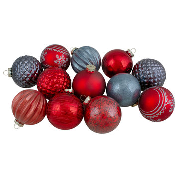 Set of 12 Red and Blue Finial and Glass Ball Christmas Ornaments