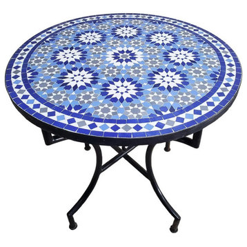 32" Two Shades of Blue And White Ankboutia Pattern Moroccan Mosaic Table