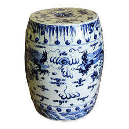 Chinese Blue & White Porcelain Round Dragons Theme Stool - Side Tables And End Tables