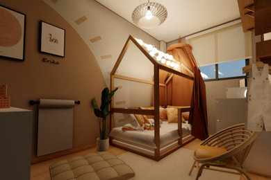 Ejemplo de dormitorio infantil de 1 a 3 años mediterráneo pequeño con paredes beige y suelo de madera en tonos medios