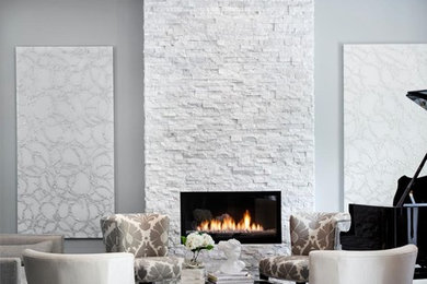 Living room - mid-sized contemporary open concept dark wood floor living room idea in Toronto with gray walls, a stone fireplace and a standard fireplace