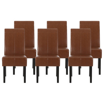 GDF Studio Percival T-stitched Chocolate Brown Leather Dining Chairs, Cognac + Espresso, Set of 6