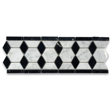 White Carrara Marble Hexagon Mosaic Border Listello Tile Polished 2", 1 sheet