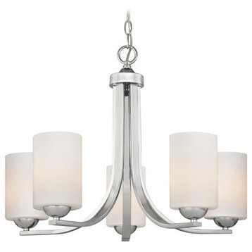 Chrome Chandelier with White Cylinder Glass and Five Lights