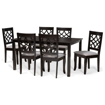 Dining Set, Rectangular Table & 6 Chairs With Geometric Back, Grey/Dark Brown