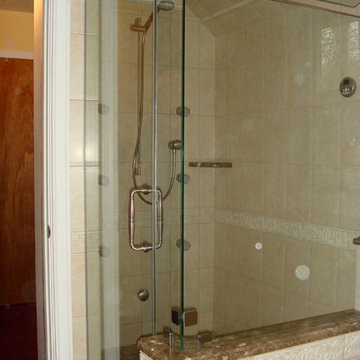 Frameless 3/8” Thick Right Angled Shower Enclosure. CRL Hardware Brushed Nickel.