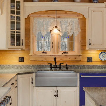 Log Cabin Kitchen With Blue Appliances