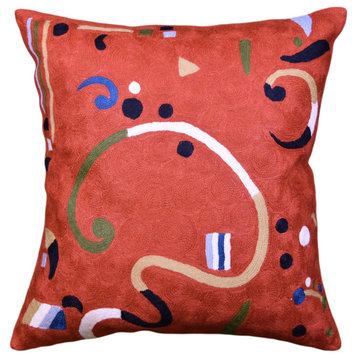 Kandinsky Orange Pillow Cover Ribbon Accent Pillows Hand Embroidered Wool 18x18"