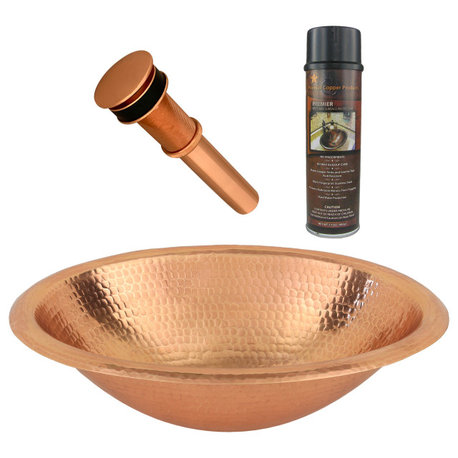 17" Oval Self Rimming Hammered Copper Bathroom Sink, Polished Copper