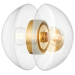 Hudson Valley - Kert 2-Light Wall Sconce, Aged Brass - Kert combines glass and metal in a fresh and functional way. A pair of half-round, clear glass shades are enclosed behind the bulb and mounted on a ring of metal at the center, giving the piece an impressive, sculptural feel. Large in scale and highly versatile, Kert is available as a wall sconce that can be mounted vertically or horizontally, a linear, and a pendant and chandelier in two sizes.