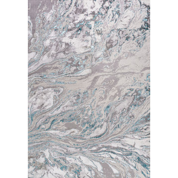 Swirl Marbled Abstract Area Rug, Gray/Turquoise, 5 X 8