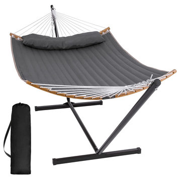 Double Hammock, Metal Stand With Curved Spreader & Padded Pillow, Dark Gray