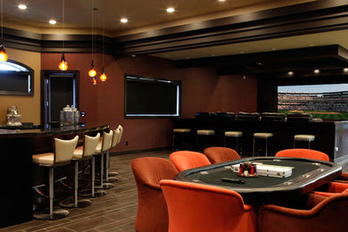 Game room - huge contemporary open concept porcelain tile game room idea in Miami with beige walls, no fireplace and a wall-mounted tv