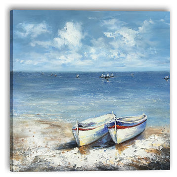 "Boats by the Ocean" Hand Painted Oil Canvas Artwork; Modern Art; Fine Art