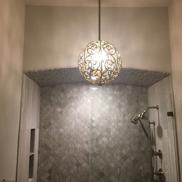 BATHROOM - Gray Limestone Tile - Arabesque Mosaic, 4x12 Herring Bone 8x12 Plank