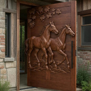 Custom Red Oak Pivot Entrance: Hand-Carved Equestrian Relief