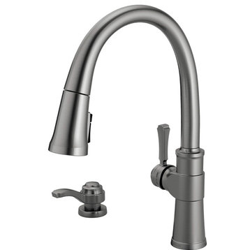 Single Lever Kitchen Faucet, Gooseneck With Pull Down Sprayer, Black Stainless