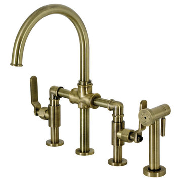 KS2333KL Industrial Style Bridge Kitchen Faucet and Brass Sprayer, Antique Brass