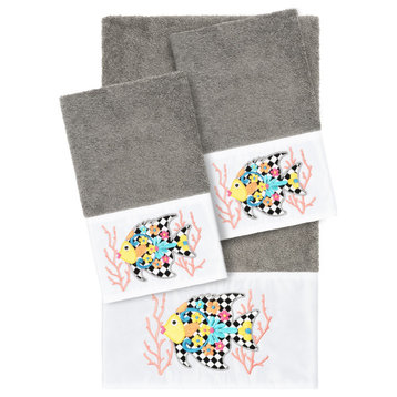 Linum Home Turkish Cotton Feliz 3-Piece Embellished Towel Set, Dark Gray