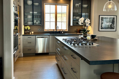 Large elegant light wood floor eat-in kitchen photo in Other with an undermount sink, shaker cabinets, gray cabinets, quartz countertops, black backsplash, quartz backsplash, stainless steel appliances, an island and black countertops