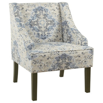 Fabric Wooden Accent Chair With Swooping Armrests, Blue, Cream & Brown