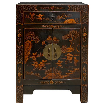 Chinese Distressed Black Copper Scenery Graphic End Table Nightstand Hcs7411