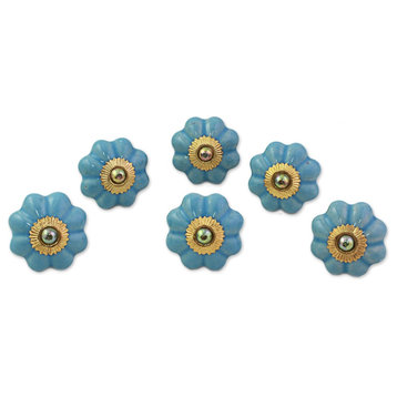 Floral Beauties in Sky Blue, Set of 6 Ceramic Cabinet Knobs, India