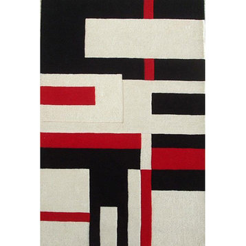 Geometric Hand-Tufted Wool Rug, Black, White, and Red, 5'x8'